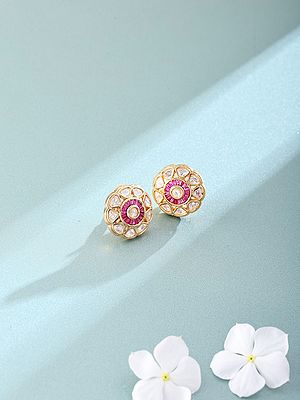 Floral Polki Stone Stud Earrings with Pink Stone Center