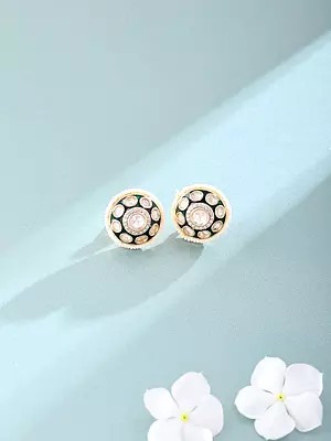 Green Base Polki Stud Earrings with Beaded Border