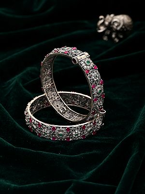 Sterling Silver Floral Engraved Adjustable Bangles (Pair)