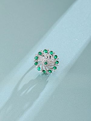 Sterling Silver Floral Ring with Green Zircon Accents