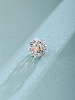 Peach Crystal Floral Sterling Silver Ring