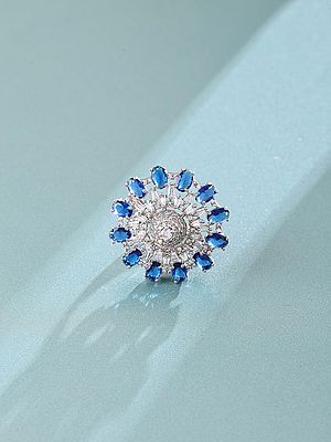 Floral Sunburst Sterling Silver Ring with Zircon Accents - Adjustable