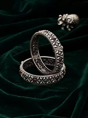 Sterling Silver Bangles with Beaded Floral Motif (Pair)