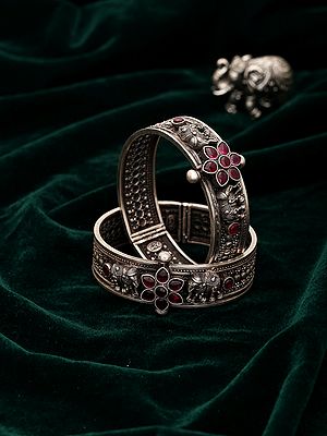 Sterling Silver Elephant Engraved Openable Bangles (Pair)