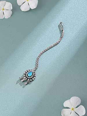 Sterling Silver Maang Tikka with Blue Teardrop Stone and Crystal Details