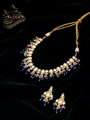 Kundan Style Sterling Silver Necklace Set with Blue Bead Drops & Earrings