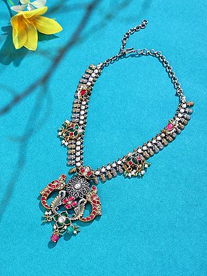 Sterling Silver Peacock Necklace with Kundan and Bead Drops