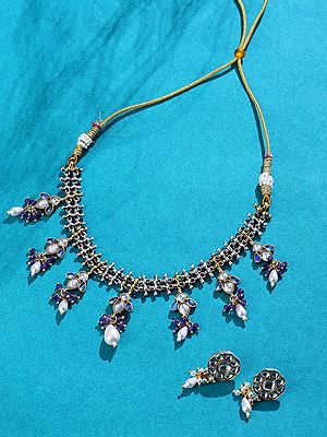 Sterling Silver Tribal Necklace Set Featuring Kundan Studs and Pearl Danglers