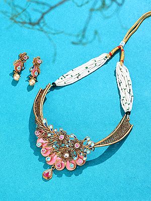 Pink Floral Enamel Filigree Necklace Set with Kundan Studded Earrings