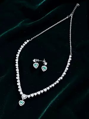 Sterling Silver Necklace and Earrings with Heart Cut Zircon Stones