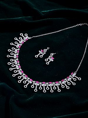 Pink Marquise Gemstone Sterling Silver Fringe Necklace Set