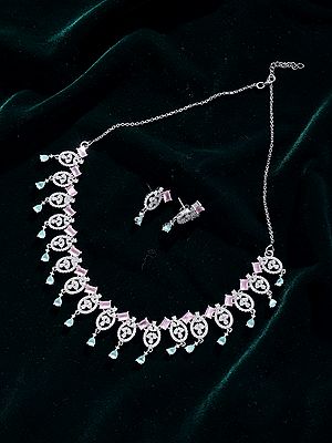 Sterling Silver Necklace Set with Pink and Aqua Stone Drop Danglers