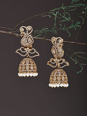 Jhumka Earrings with Peacock Motif, Stones, and Pearl Drops