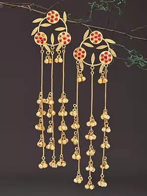 Long Leaf Design Brass Earrings with Ghungroo Bells