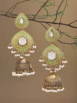 Jhumka Earrings with Green Enamel and Pearl Dangles