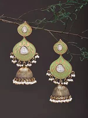 Handcrafted Green Enamel Jhumka Earrings with Pearl Accents
