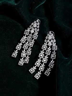 Sparkling Zircon Stone Dangle Earrings with Floral Motif and Three Strands