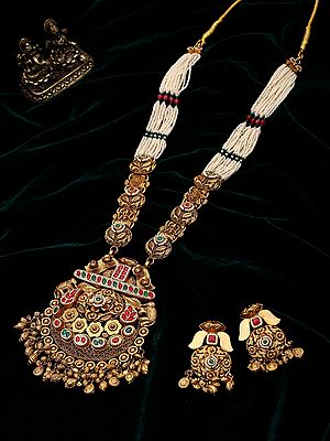 Sterling Silver Temple Style Long Necklace Set with Beaded Strands