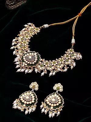 Floral Kundan-Style Sterling Silver Necklace Set with Green Stones and Pearl Drops