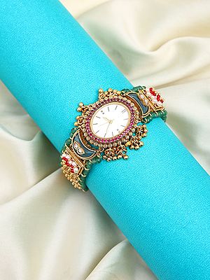 Floral Design Kundan Studded Watch with Bead Drops
