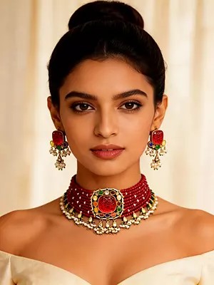 Multi-Strand Red Navratan Choker Necklace with Pearl Drop Earrings Set