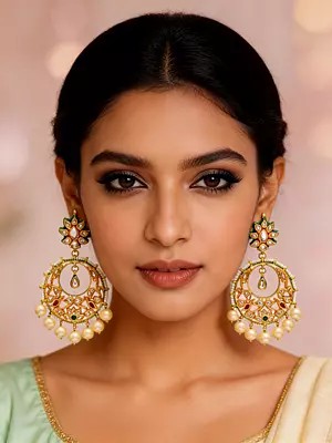 Polki Studded Lacquer Chandbali Earrings with Pearl Drops