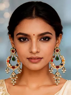 Navratna Style Polki Studded Lacquer Chandbali Pearl Drops Earrings
