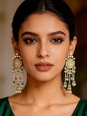 Floral Design Polki Stone Lacquer Earrings with Pearl Danglers