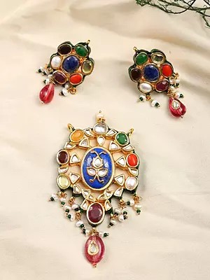 Navratna Style Polki Pendant and Earrings Set with Mixed Gemstones