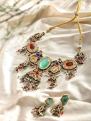 Kundan Lacquer Necklace Set with Emerald and Red Gemstone Drops
