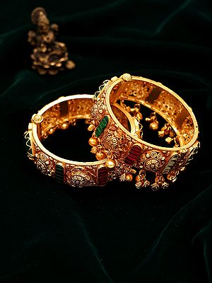 Temple Style Kundan Studded Openable Sterling Silver Bangles (Pair)