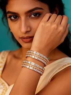 Geometric Polki Style Openable Bangles with Baguette Cut Stones (Pair)