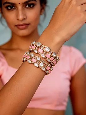 Designer Kada Bangles: Polki Style with Pink Stones