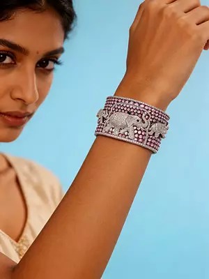 Openable Cuff Bracelet with Elephant Motif and American Diamonds