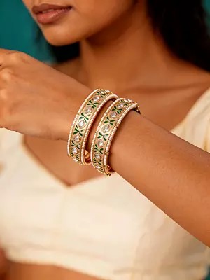 Openable Meenakari Bangles with Polki Stones and Pearl Accent (Pair)