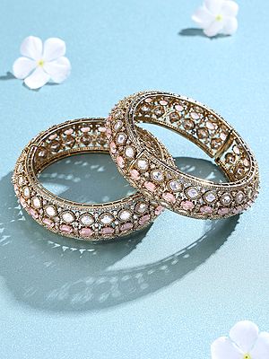 Blush Pink Stone Studded Openable Bangles with Polki Detailing (Pair)