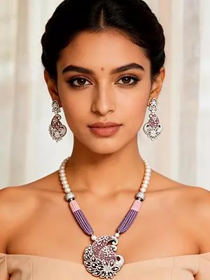 Zircon Stone Peacock Long Necklace and Earring Set with Multi Strand Beads