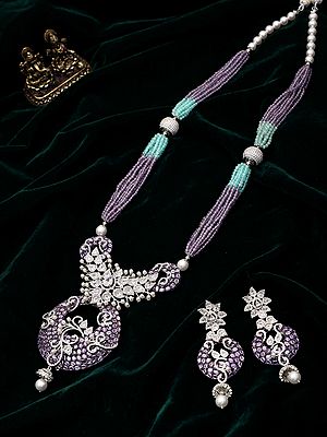 Beaded Multi Strand Zircon Stone Studded Necklace Set with Pearl Drop