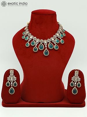 Floral Design Moissanite Kundan With Carbon Stone Elegant Necklace Set With Earrings