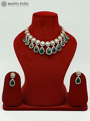 Floral Leaf Stone Studded Moissanite Kundan With Monalisa Beads Elegant Necklace With Earrings