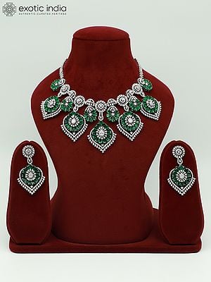 American Diamond Stone Studded Stunning Floral Design Necklace Set With Earrings