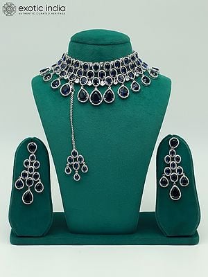 Elegant American Diamond Stone Studded Choker Necklace With Earrings And Mangtika