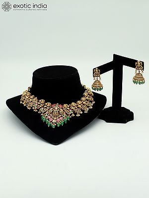 Stone Studded And Beaded Temple Goddess Traditional Necklace With Earrings