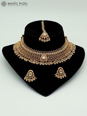 Choker Beaded And Stone Studded Attractive Necklace With Earrings And Mangtika