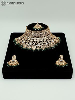 Embellished Stone Studded And Beaded Choker Necklace With Earrings And Mangtika