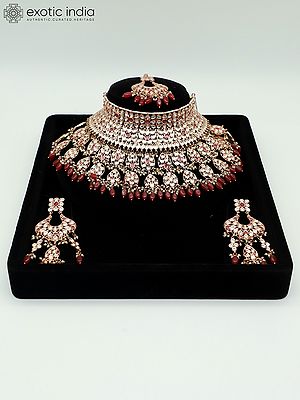 Elegant Stone Studded And Beaded Beautiful Choker Necklace With Earrings And Mangtika