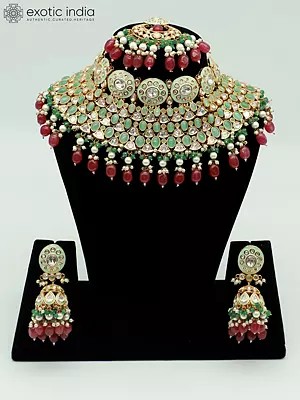 Stunning Stone Studded And Beaded Embellished Choker Necklace With Earrings And Mangtika