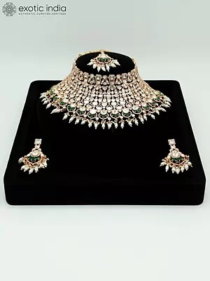 Stunning Stone Studded And Beaded Beautiful Design Choker Necklace With Earrings And Mangtika