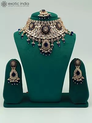 Choker Design Elegant Stone Studded And Beaded Necklace With Earrings And Mangtika