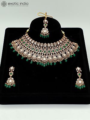 Moissanite With Mehendi Polish And Beaded Necklace With Earrings And Mangtika